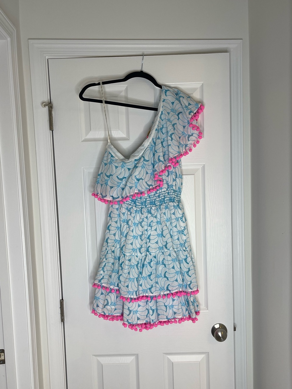 Lilly Pulitzer One-Shoulder Blue and Pink Pom-Pom Trim Dress - Picture 7 of 11